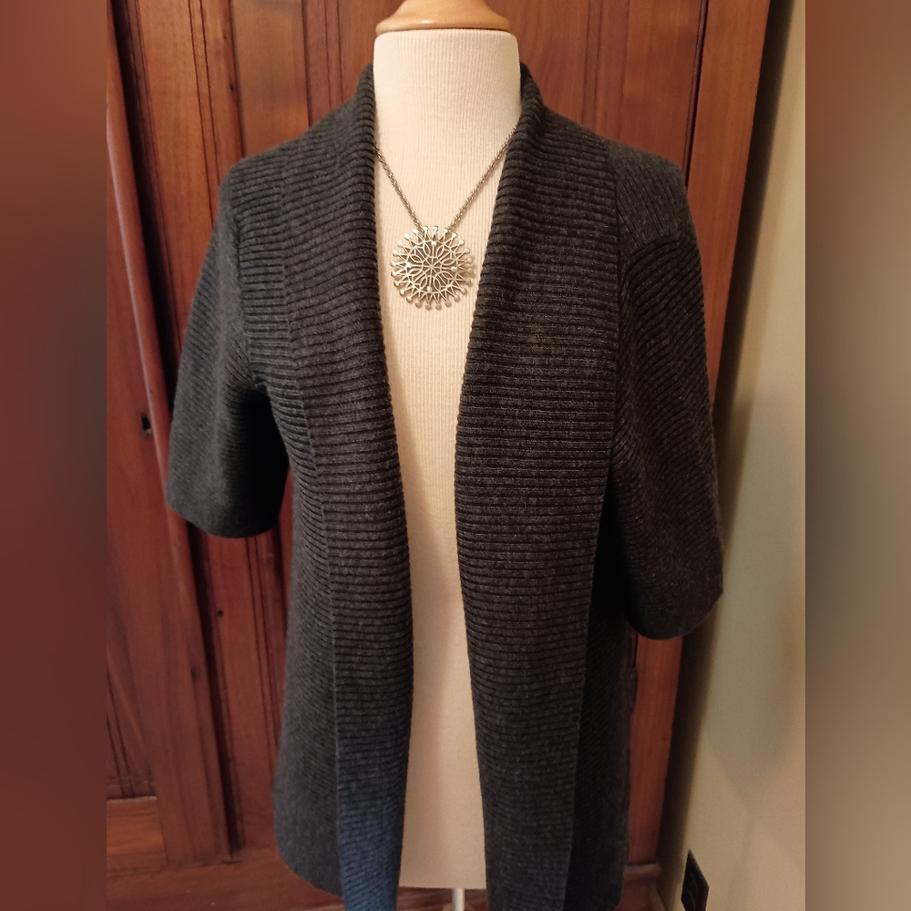 Eileen Fisher Cardigan Ribbed Gray Merino Wool  Open Front L